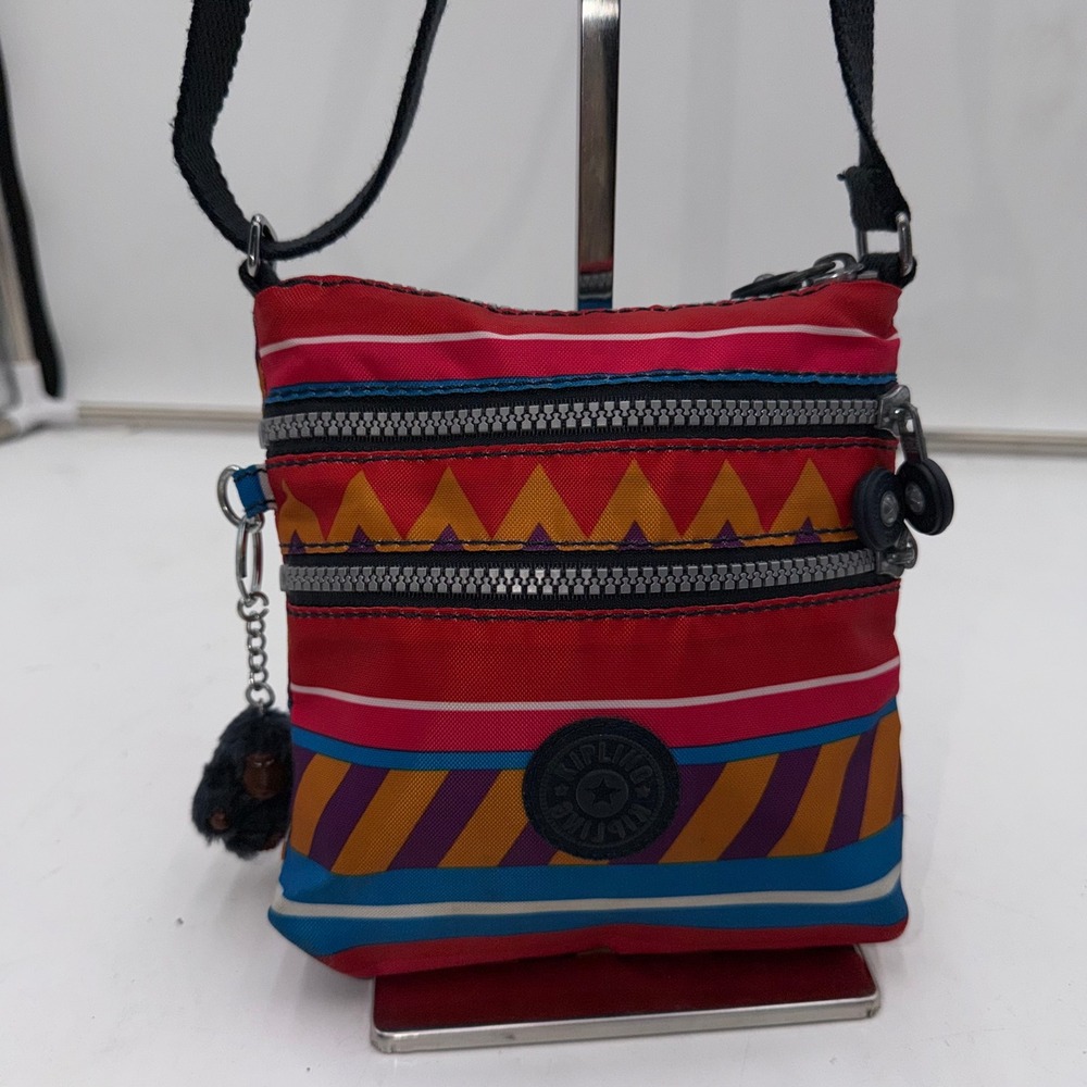 Kipling Crossbody Bag Red Multi Geometric Print Nylon Monkey Keychain Don